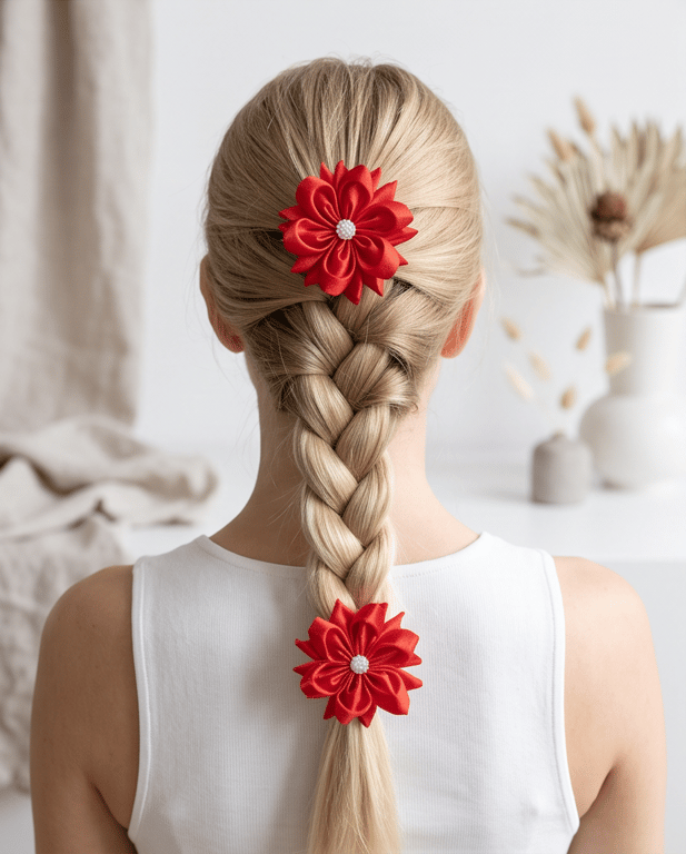 Red Satin Flower Hair Ties, Handmade Kanzashi Bobbles, Accessories for Girls