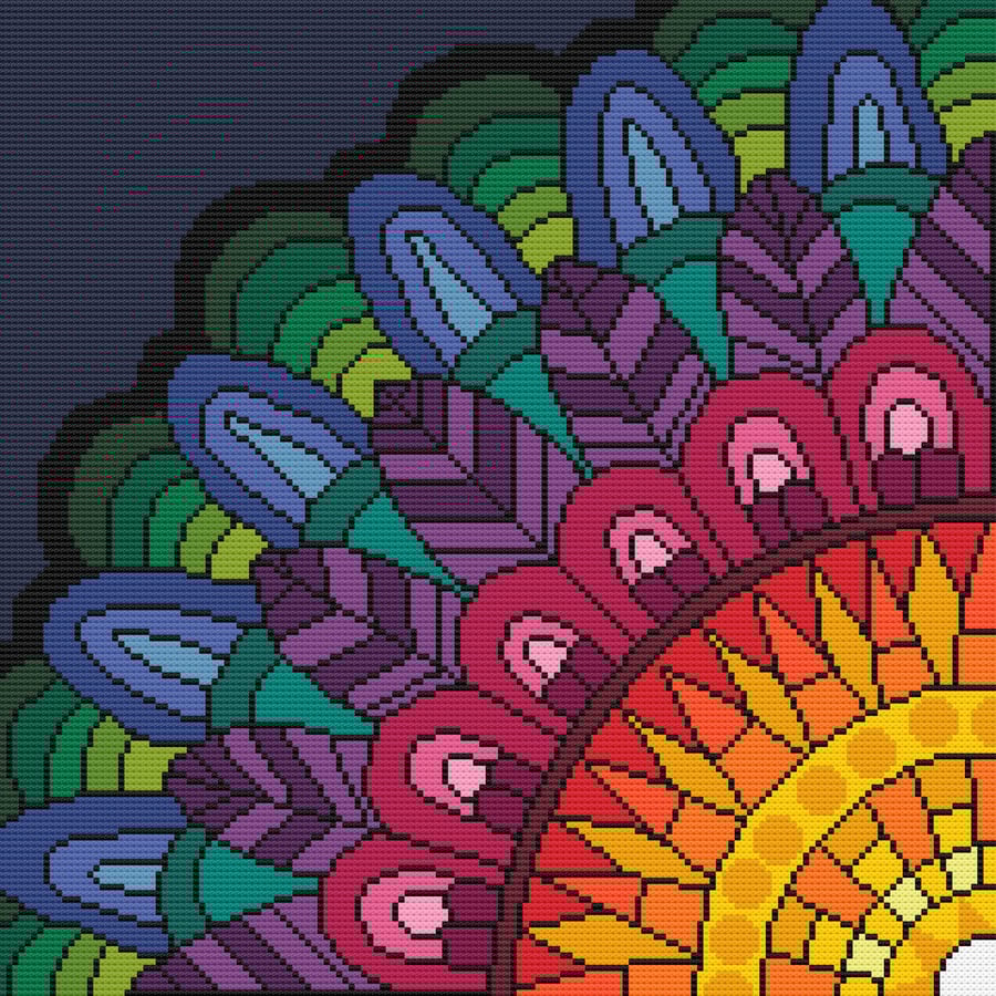 076A - Cross stitch pattern - Fabuous Rainbow Sun complete QUADRANT Mandala