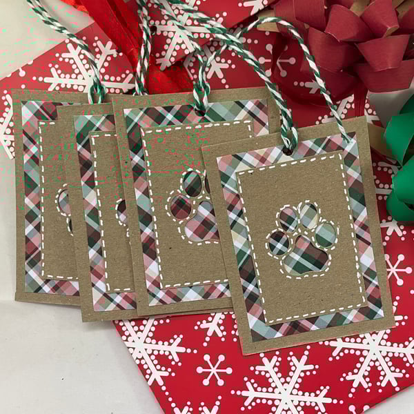 Pack of 4 Christmas gift tags - tartan paw prints