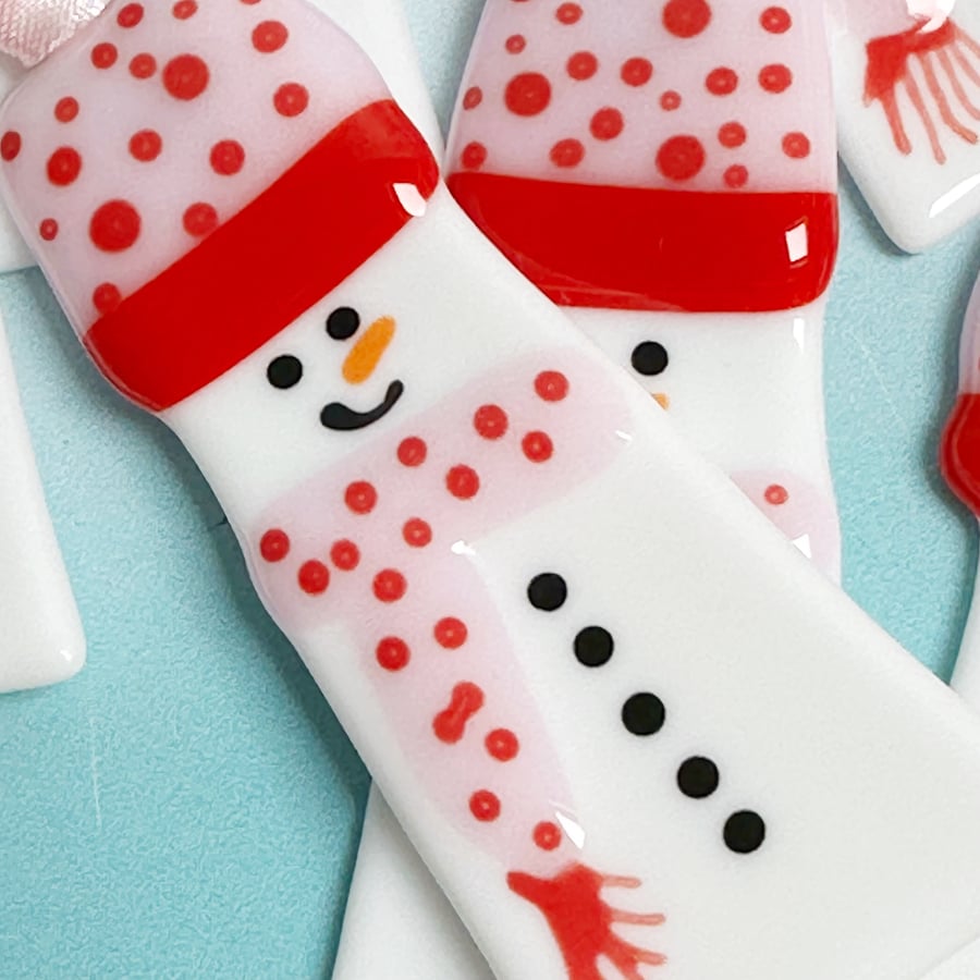 Fused Glass Snowman Tree Decoration - Pink