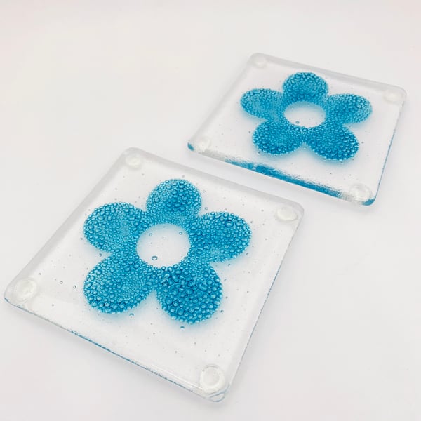 Boxed Set of 2 Fused Glass Coasters - Bubbly Flower Design