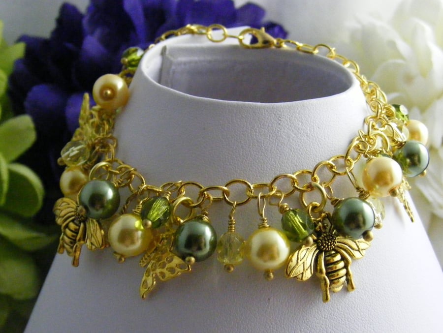 Yellow and Green Glass Charm Bracelet