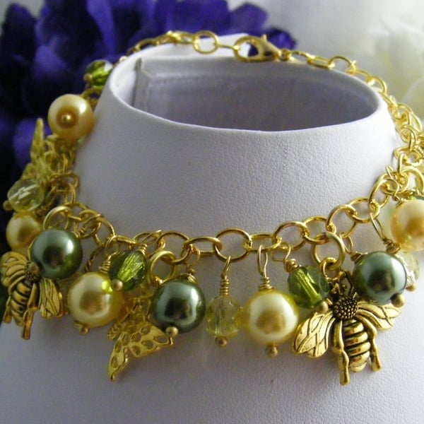 Yellow and Green Glass Charm Bracelet