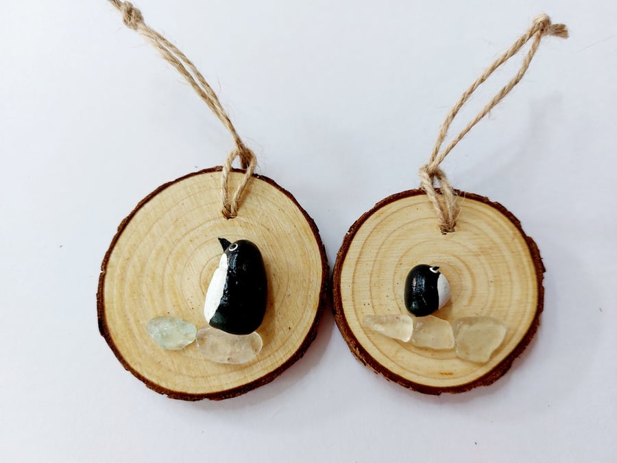 SALE - Sold in Pairs - Rustic, Wood Slice, Sea Glass, Penguin Decoration