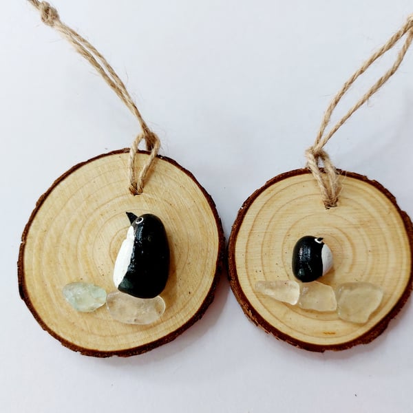 SALE - Sold in Pairs - Rustic, Wood Slice, Sea Glass, Penguin Decoration