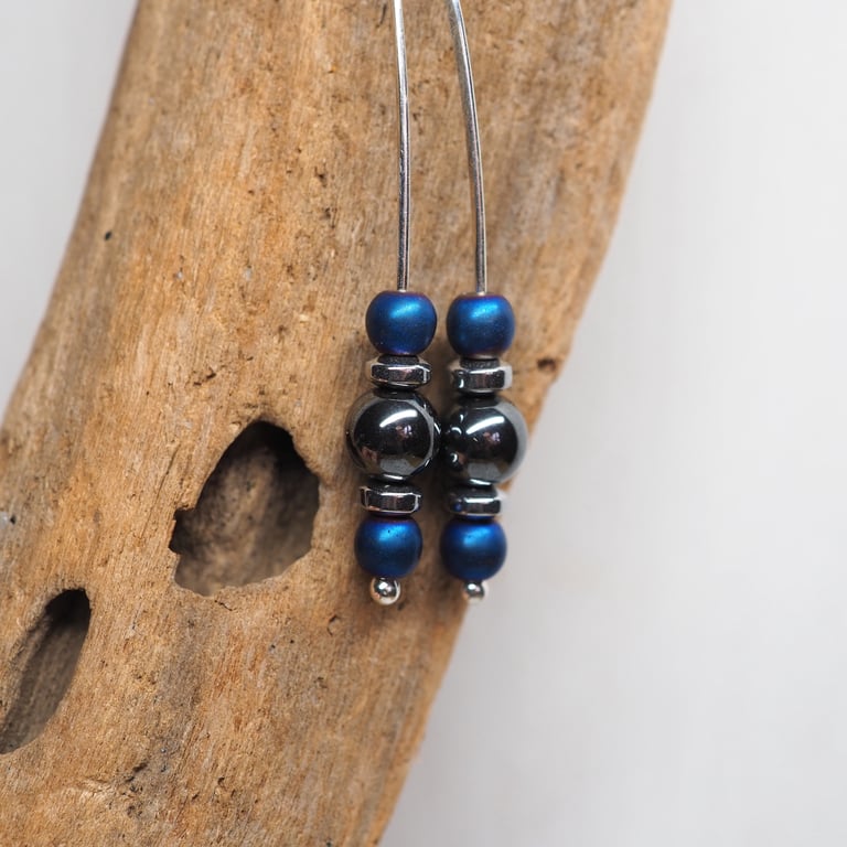 Hematite Drop Threader Earrings, Silver Dangle Earrings with Hematite Beads