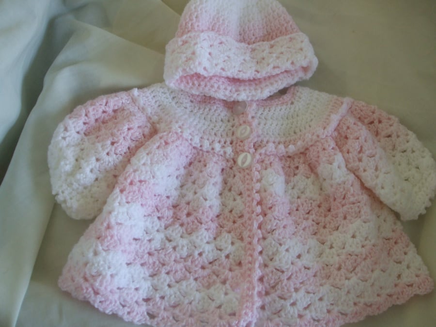 Hand Crocheted Baby Matinee Coat and Hat in Pink and White