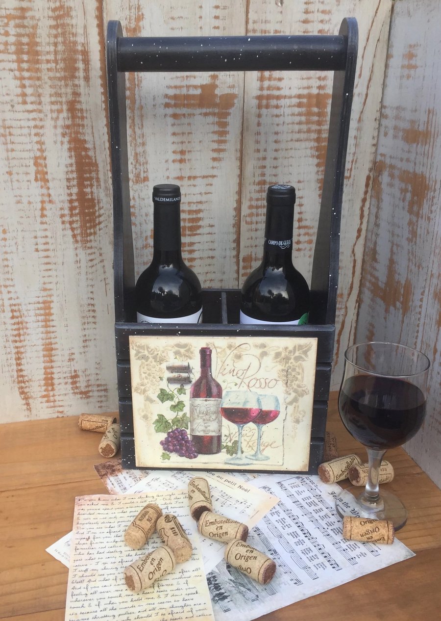 Rustic Wooden Wine Carrier – Double Bottle Holder with Vintage Charm