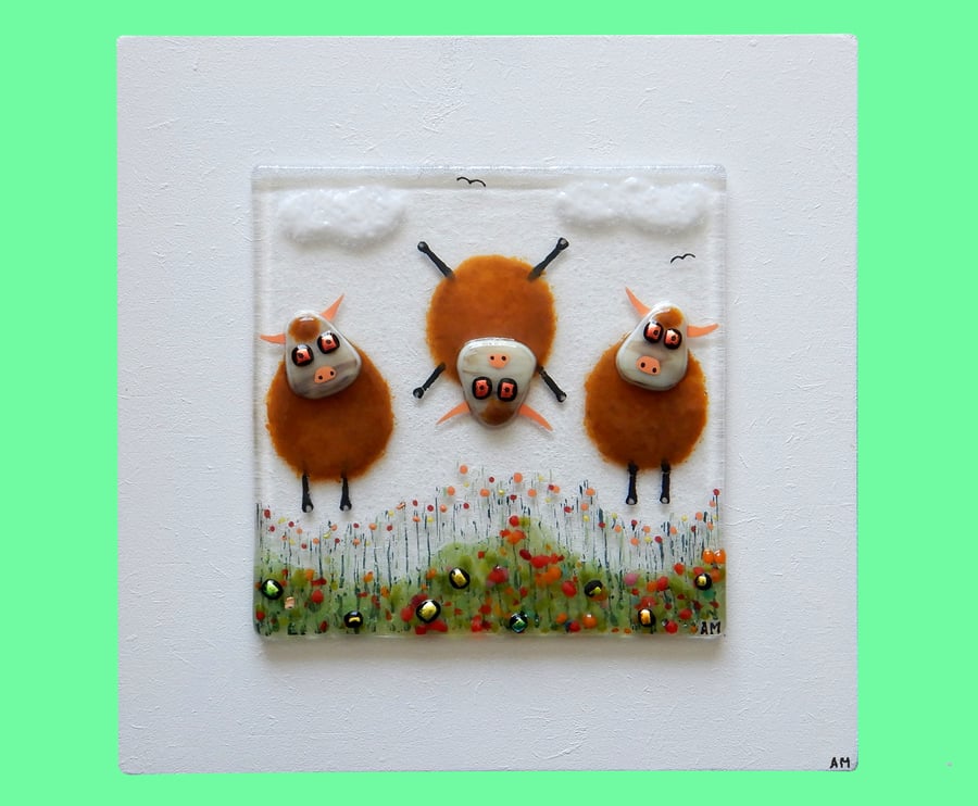 Handmade Fused Glass 'Highland Cow' Picture Folksy