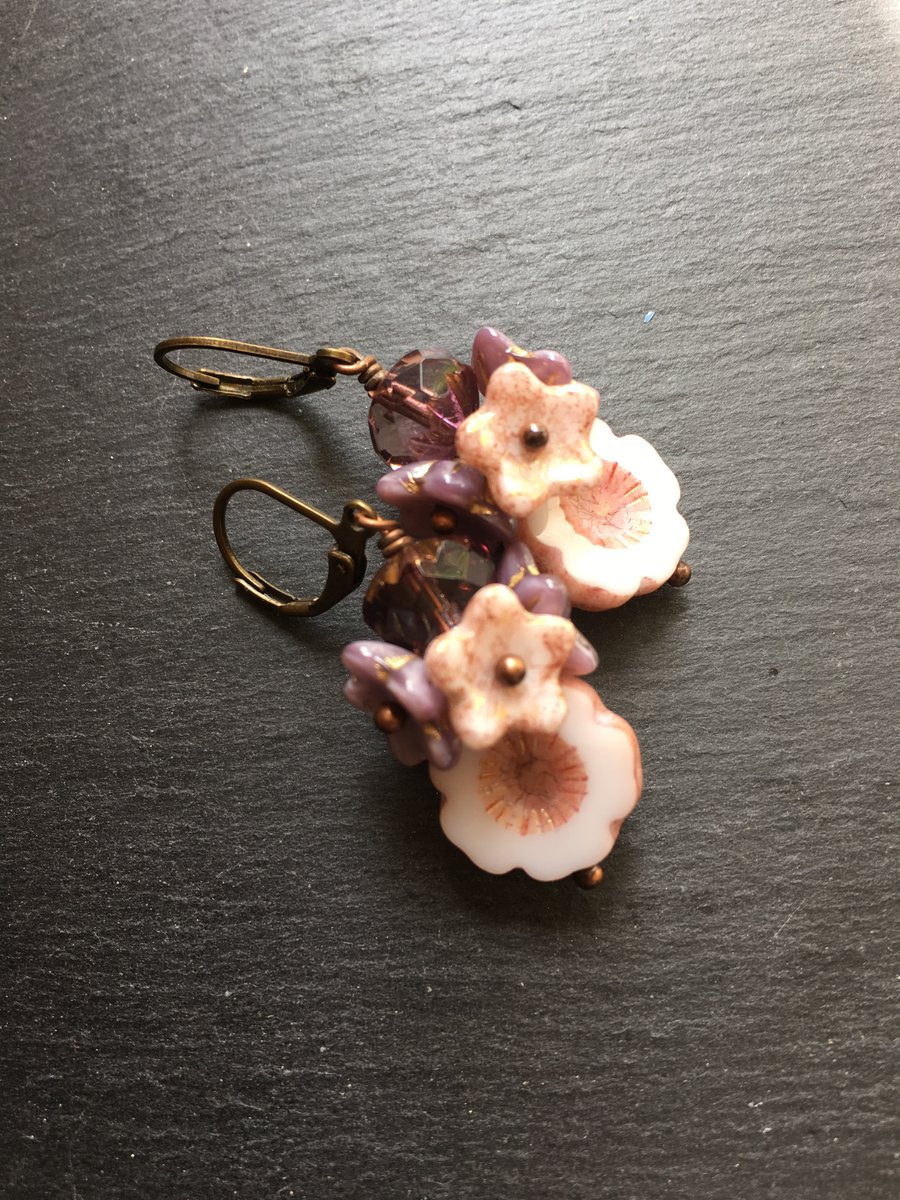 Czech Glass Earrings Czech Flower Cluster Earrings Czech Table Cut Bloom Earring