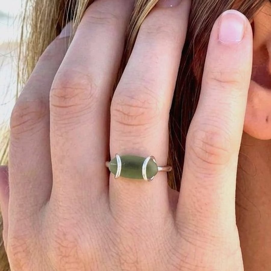 Handcrafted Sterling Silver Tension Set Green Sea Glass Ring, Elegant minimalist