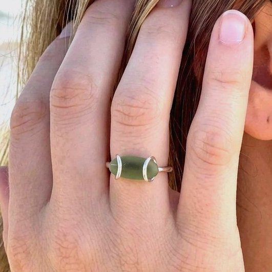 Handcrafted Sterling Silver Tension Set Green Sea Glass Ring, Elegant minimalist