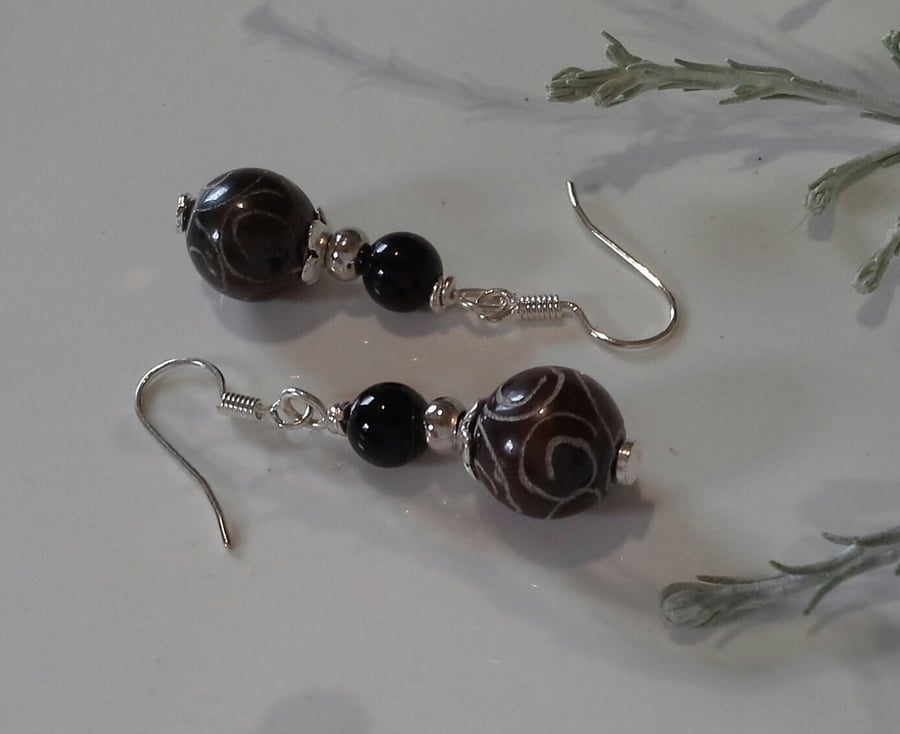 Carved Agate Silver Plated Earrings