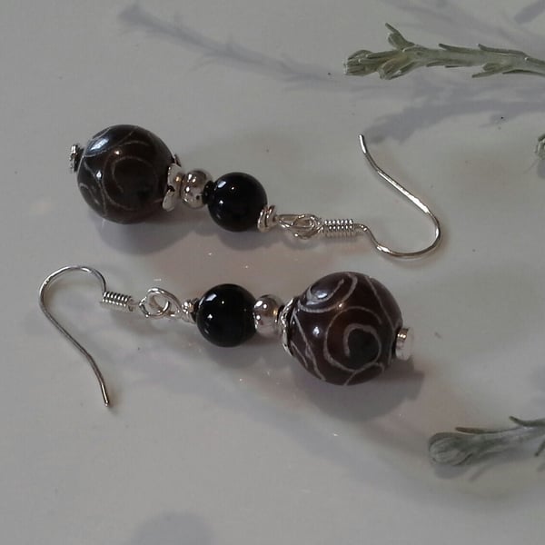 Carved Agate Silver Plated Earrings