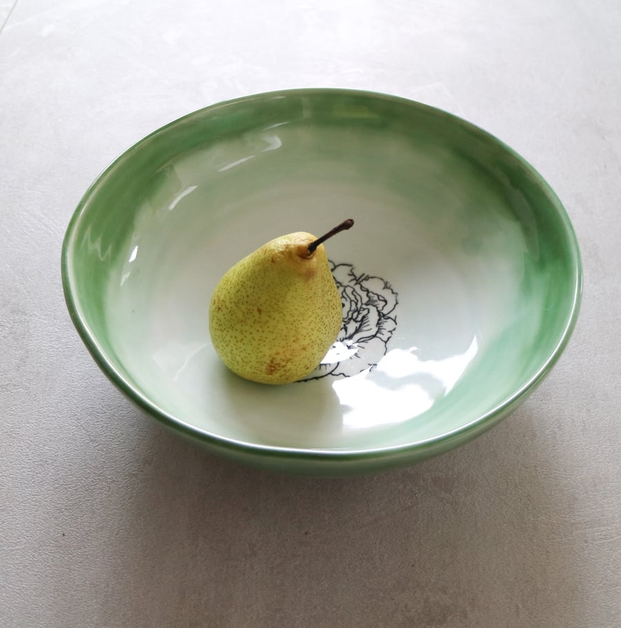 Green Peony Ceramic Bowl