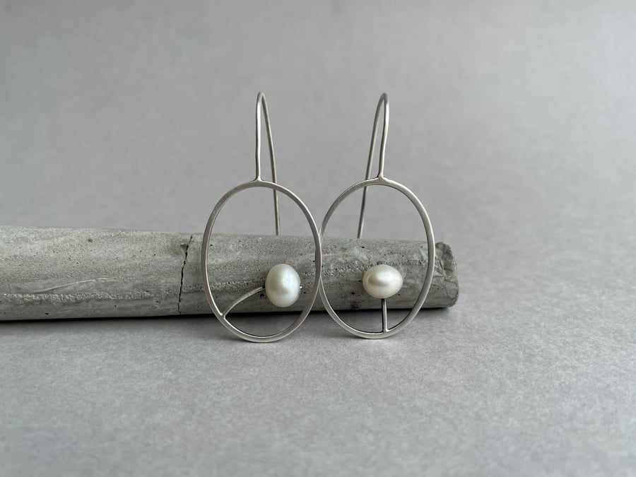 Sterling Silver Hoop Drop Earrings With Freshwater Pearls