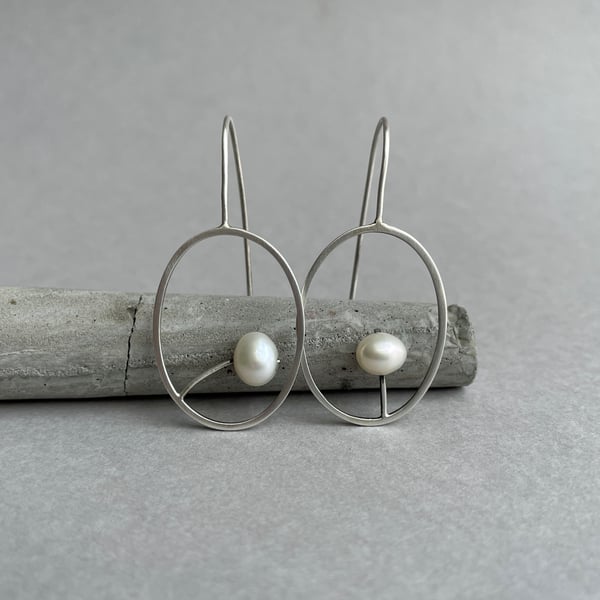 Sterling Silver Hoop Drop Earrings With Freshwater Pearls