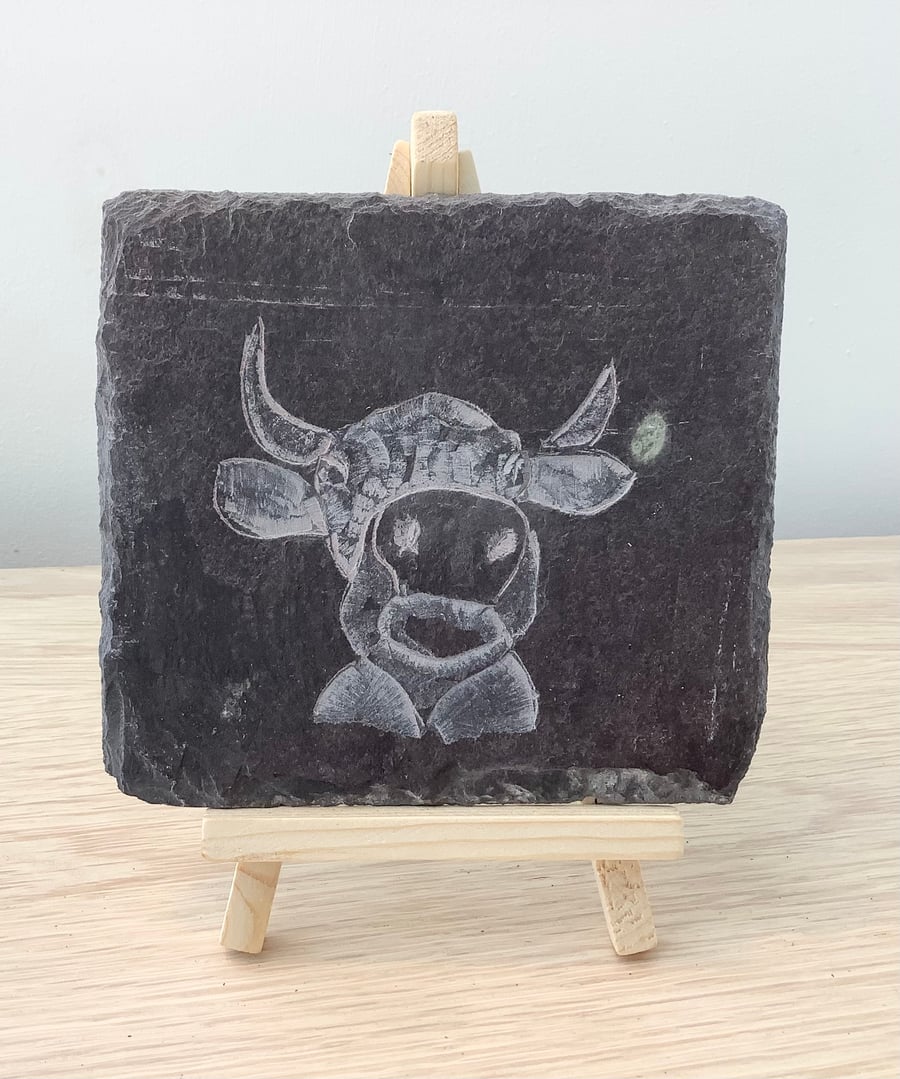 Just the cutest Cow - original art hand carved on recycled slate