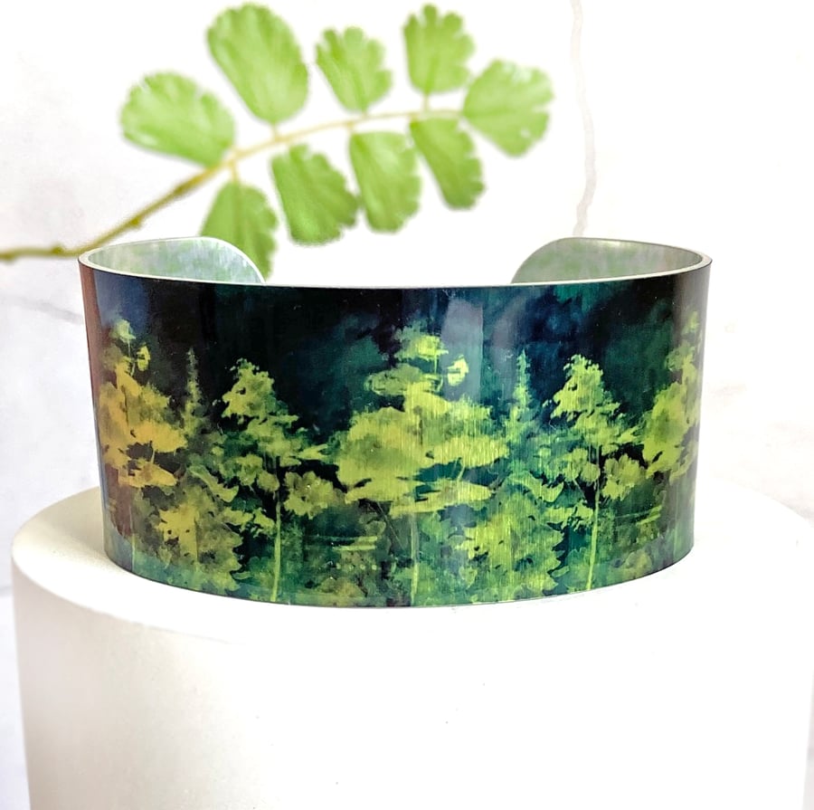 Green trees wide cuff bracelet, woodland, forest metal jewellery bangle. (782)