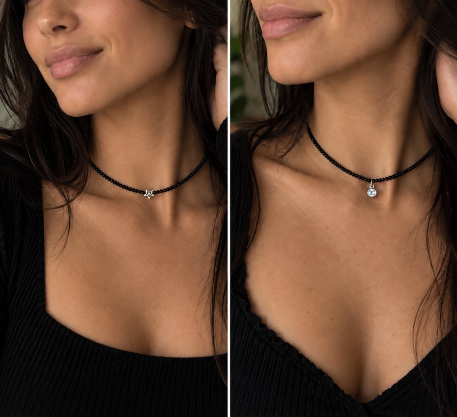 Delicate Black Beaded Necklace with Star or Crystal Pendant.