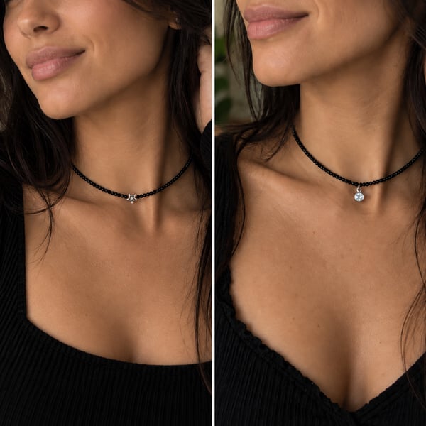 Delicate Black Beaded Necklace with Star or Crystal Pendant.