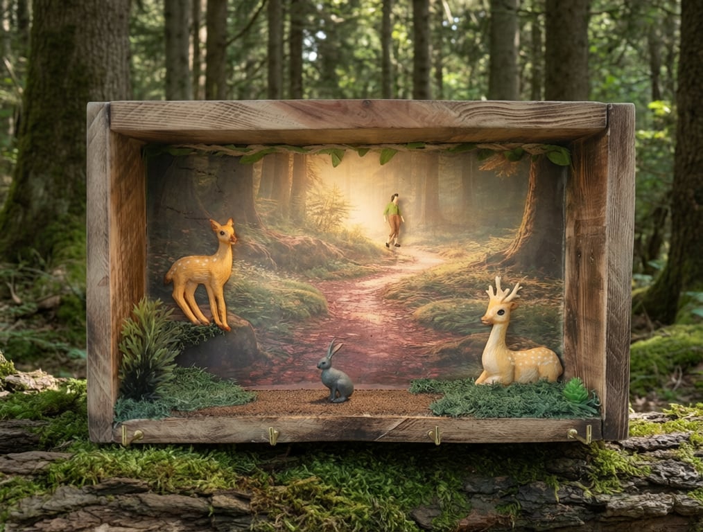 Rustic Woodland Shadow Box Key Holder with Deer & Forest Scene