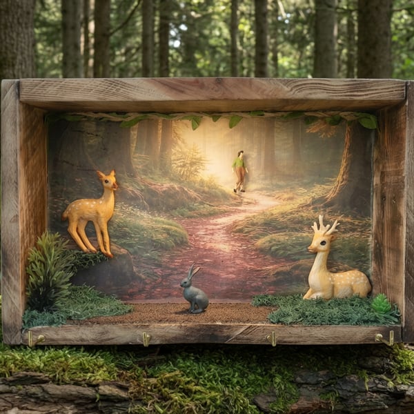 Rustic Woodland Shadow Box Key Holder with Deer & Forest Scene