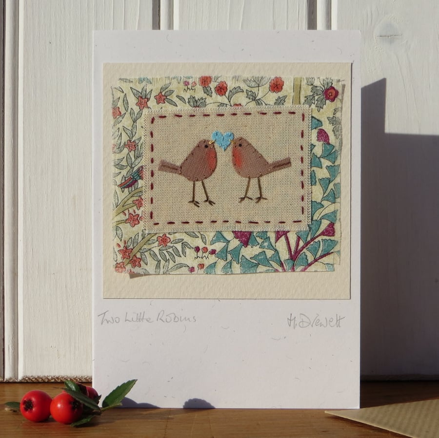 Small handmade card applique robins intricately stitched, Liberty cotton ground 