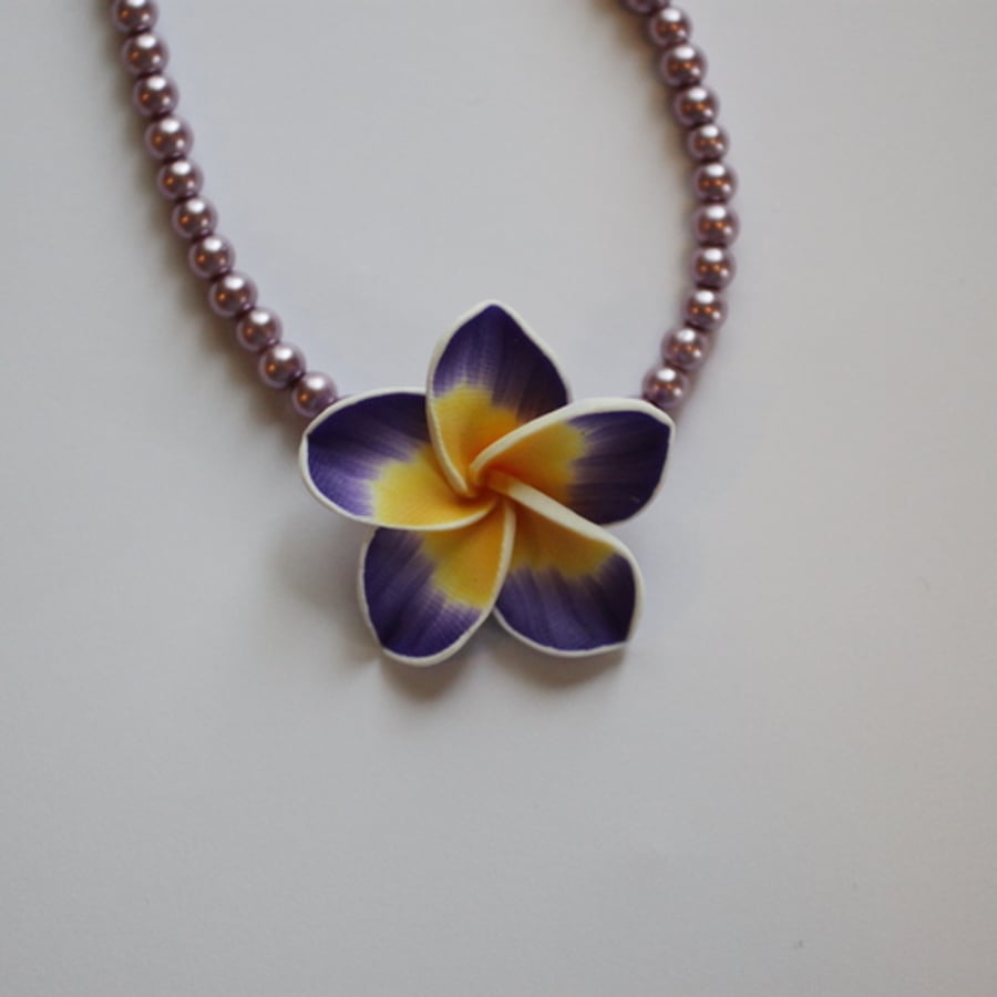 Purple Flower and Pink Bead Necklace