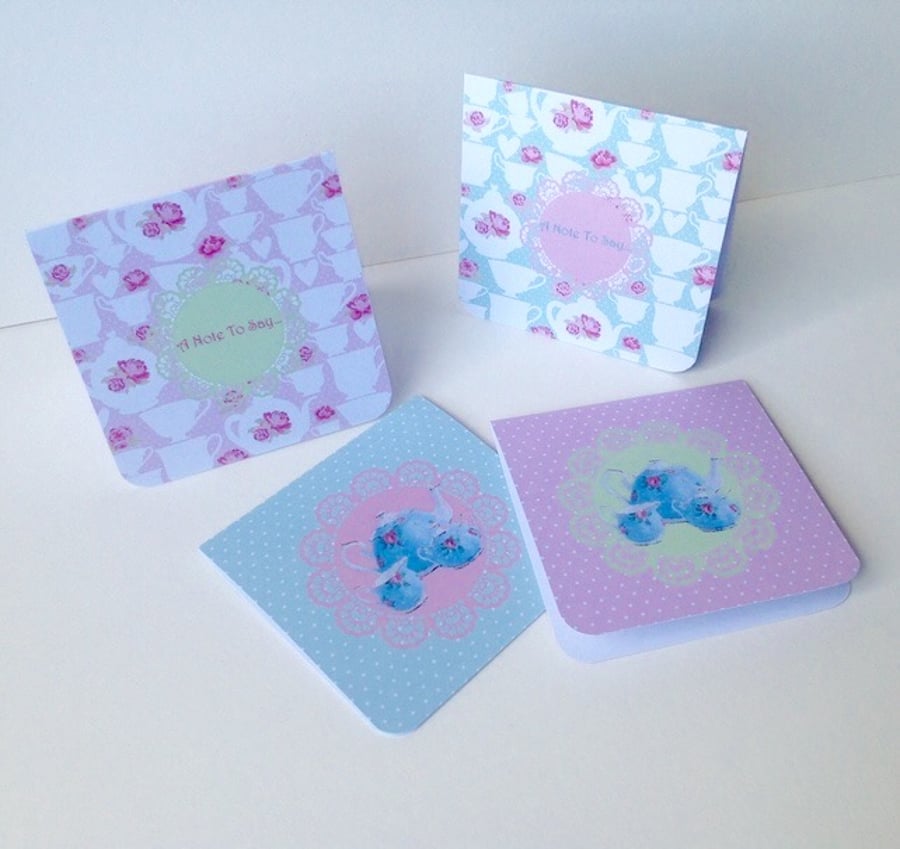 Notecards,Set of Four Blank,'Tea Time'Handmade Notecards with Envelopes