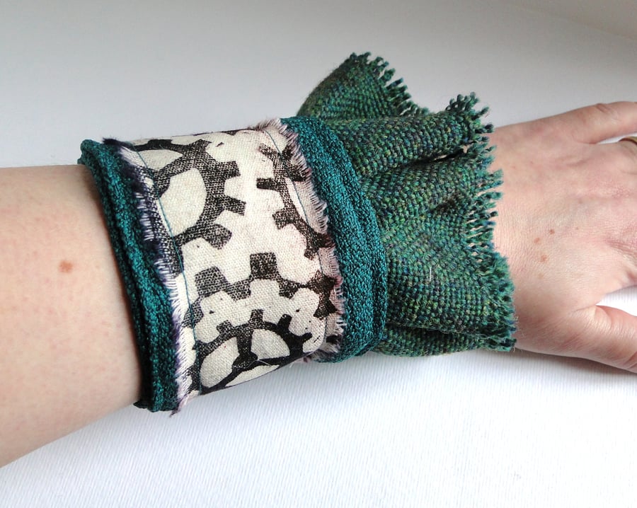 Steampunk Cog Cuff Hand Printed Fabric Wearable Artwork Bracelet