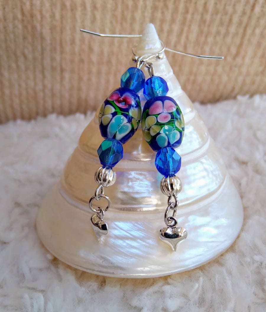 Superb floral Lampwork blue beads, Czech & Tibetan silver beads HEART Earrings