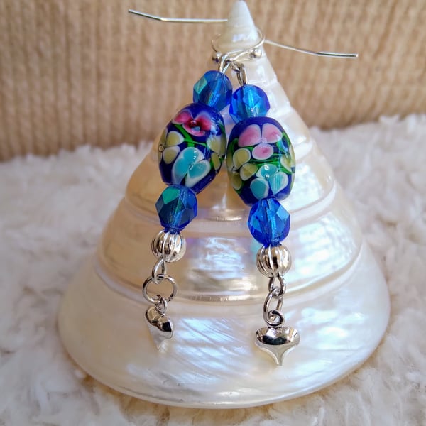 Superb floral Lampwork blue beads, Czech & Tibetan silver beads HEART Earrings