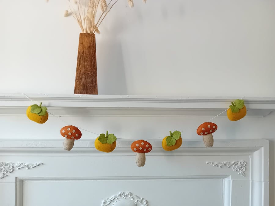 Hand Sewn Bunting Garland of Pumpkins and Toadstools