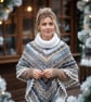 Boho Crochet Poncho Nordic Queen Style Blue & Beige Crochet Wrap with Turtleneck