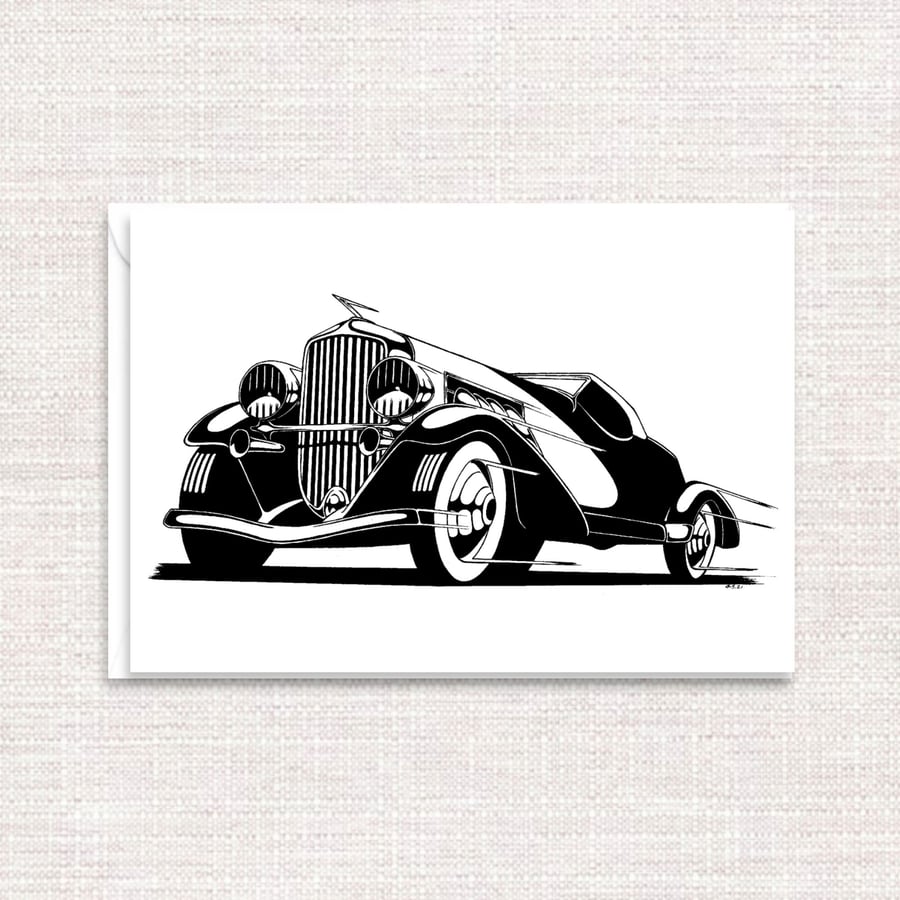 Classic American Car Greeting Card, Printed From Hand Drawn Pen and Ink Art