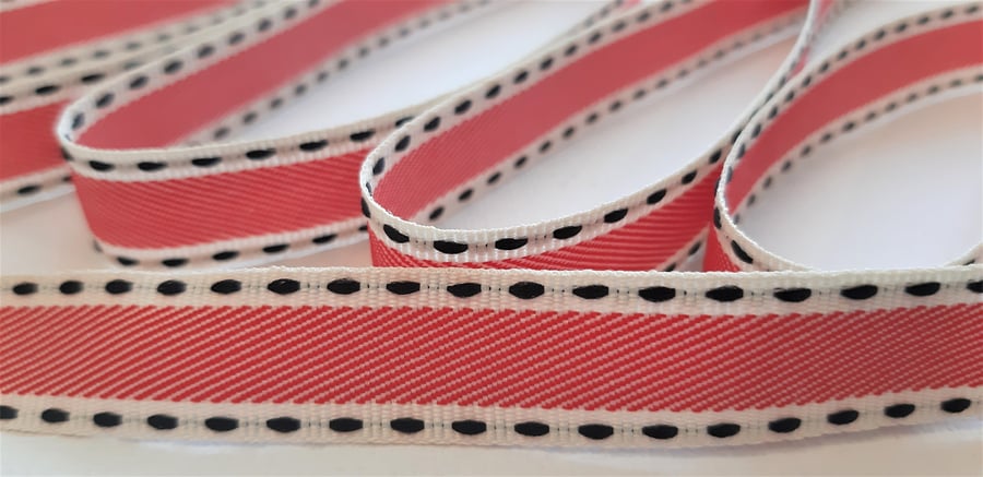 Red, white and black double faced ribbon, 15mm wide