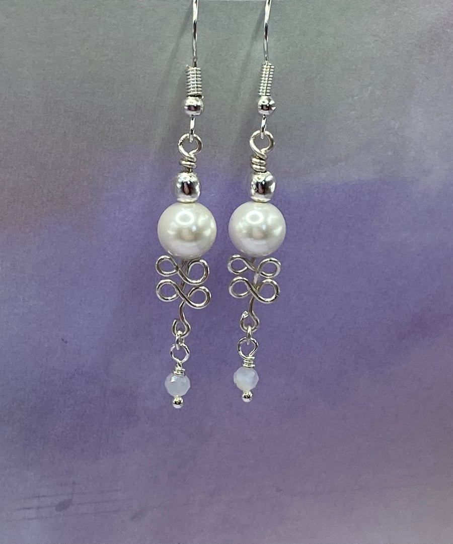 Wirework loop drop earrings with shell pearls and angelite