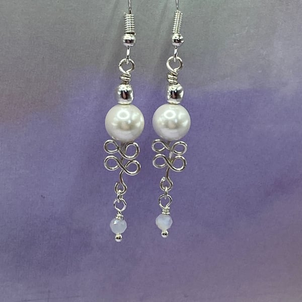 Wirework loop drop earrings with shell pearls and angelite