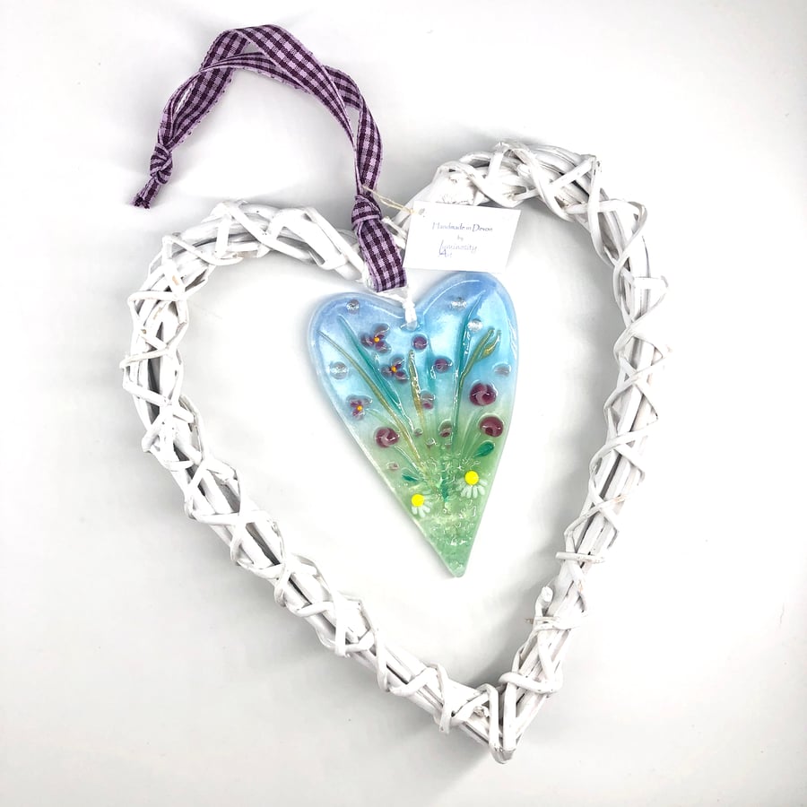 Fused Glass Heart with Pink & Purple Flowers in Wicker Hanging Heart on Ribbon