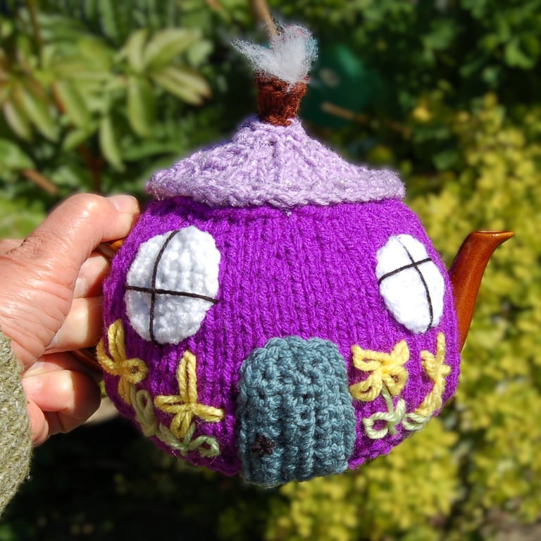 Knitted tea cosy - Fairy cottage design  to fit a one two cup teapot