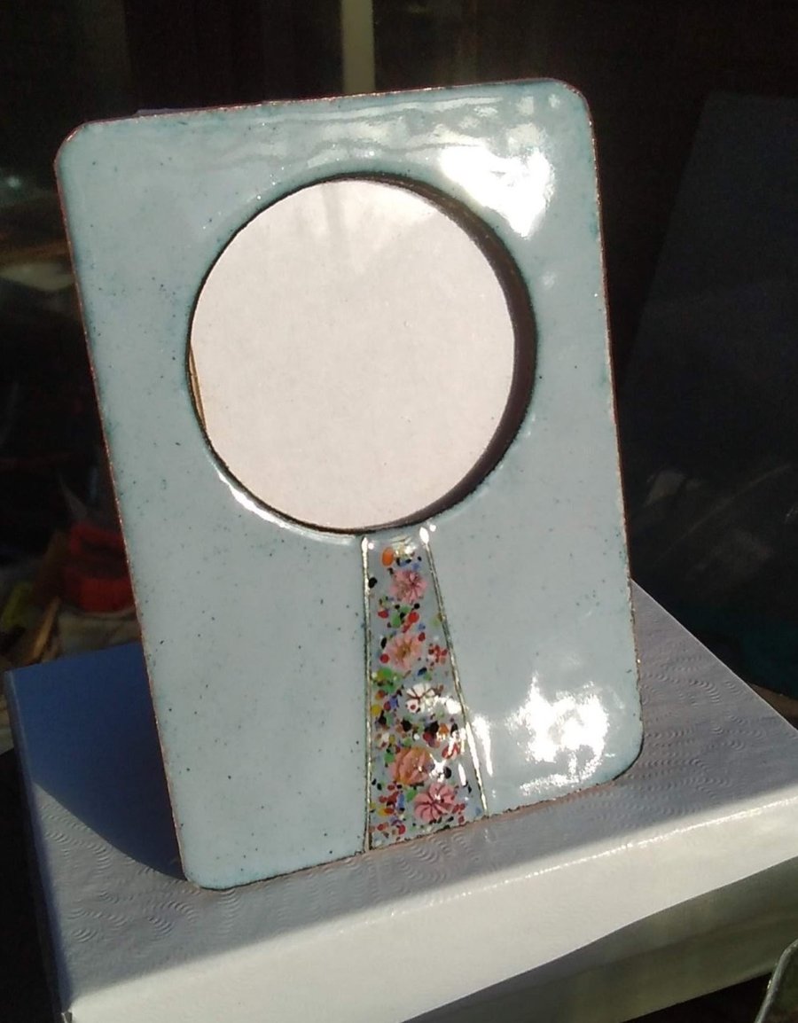 Enamelled photo frame in copper with molten glass flowers -Mid-Grey