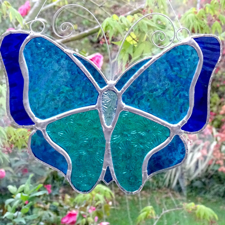 Stained Glass Butterfly Suncatcher - Handmade Hanging Decoration - Blue