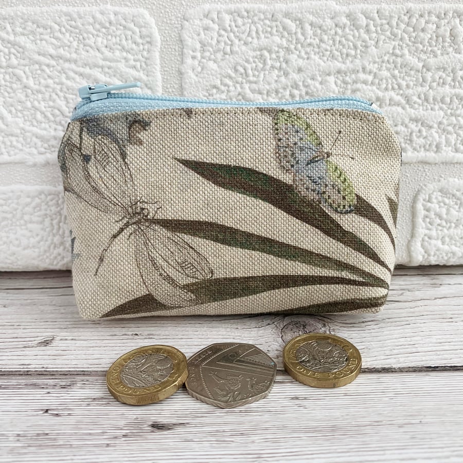 Small purse, coin purse with butterfly and dragonfly in muted colours