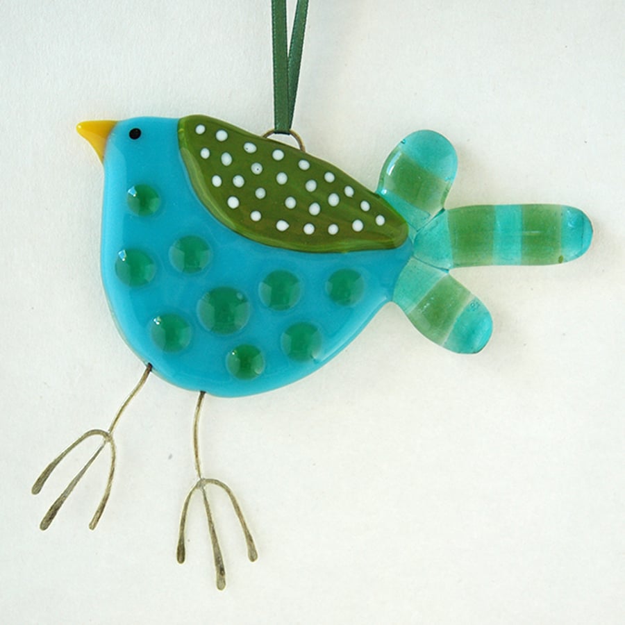 Fused Glass Turquoise Spotty Bird Decoration