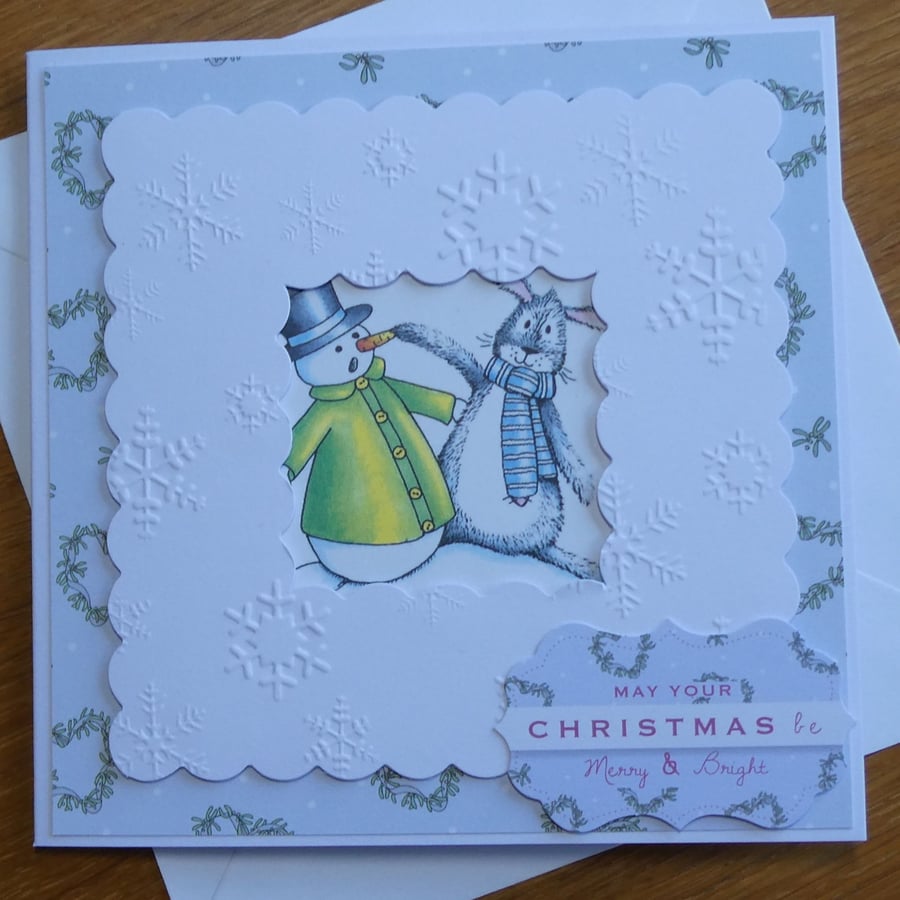 Merry & Bright Christmas Card - Bunny & Snowman