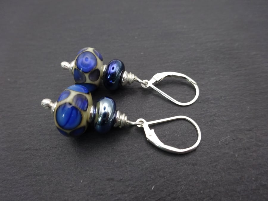 lampwork glass earrings, blue spots, sterling silver lever backs
