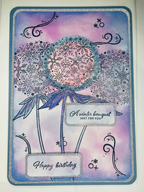 Snowflake dandelion clock sparkling winter birthday card