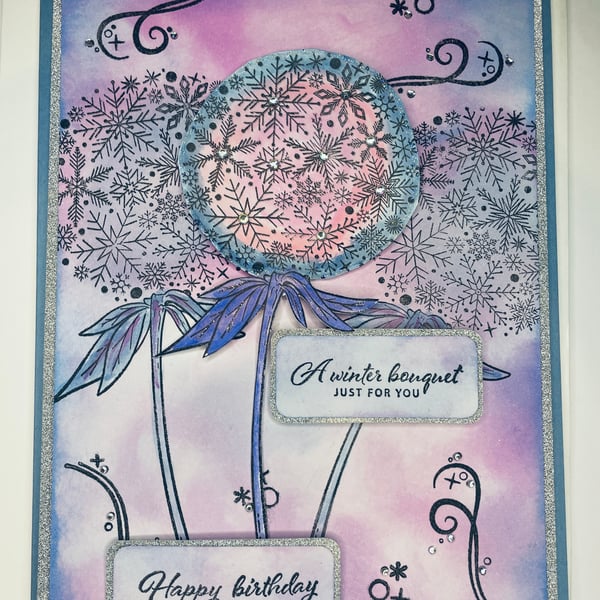 Snowflake dandelion clock sparkling winter birthday card