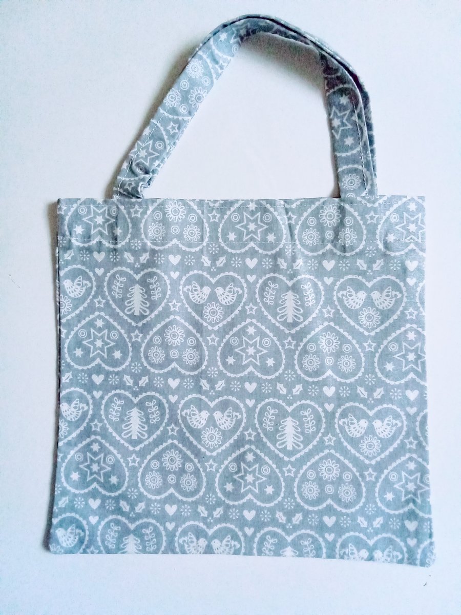 Xmas gift bag, grey, white, hearts, gifts, 100% cotton bag, Christmas gift bag